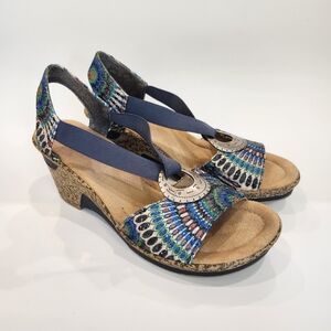 Rieker Antistress Blue Peacock Multi Patterned Wedge Sandals, EU 40, US 9